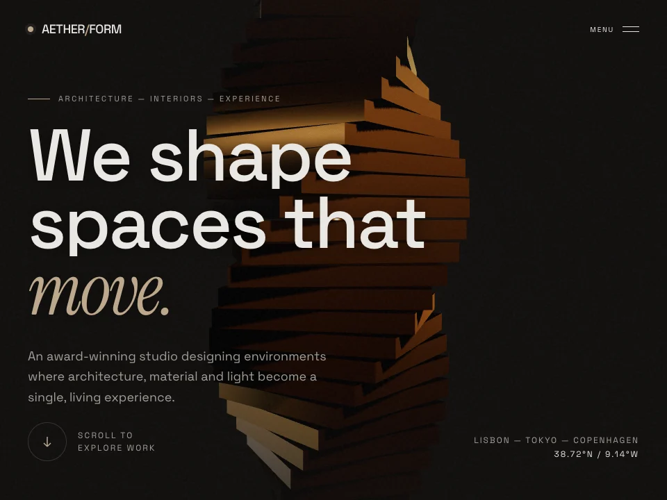 Aether Form website with a sculptural gold tower and the headline We shape spaces that move.